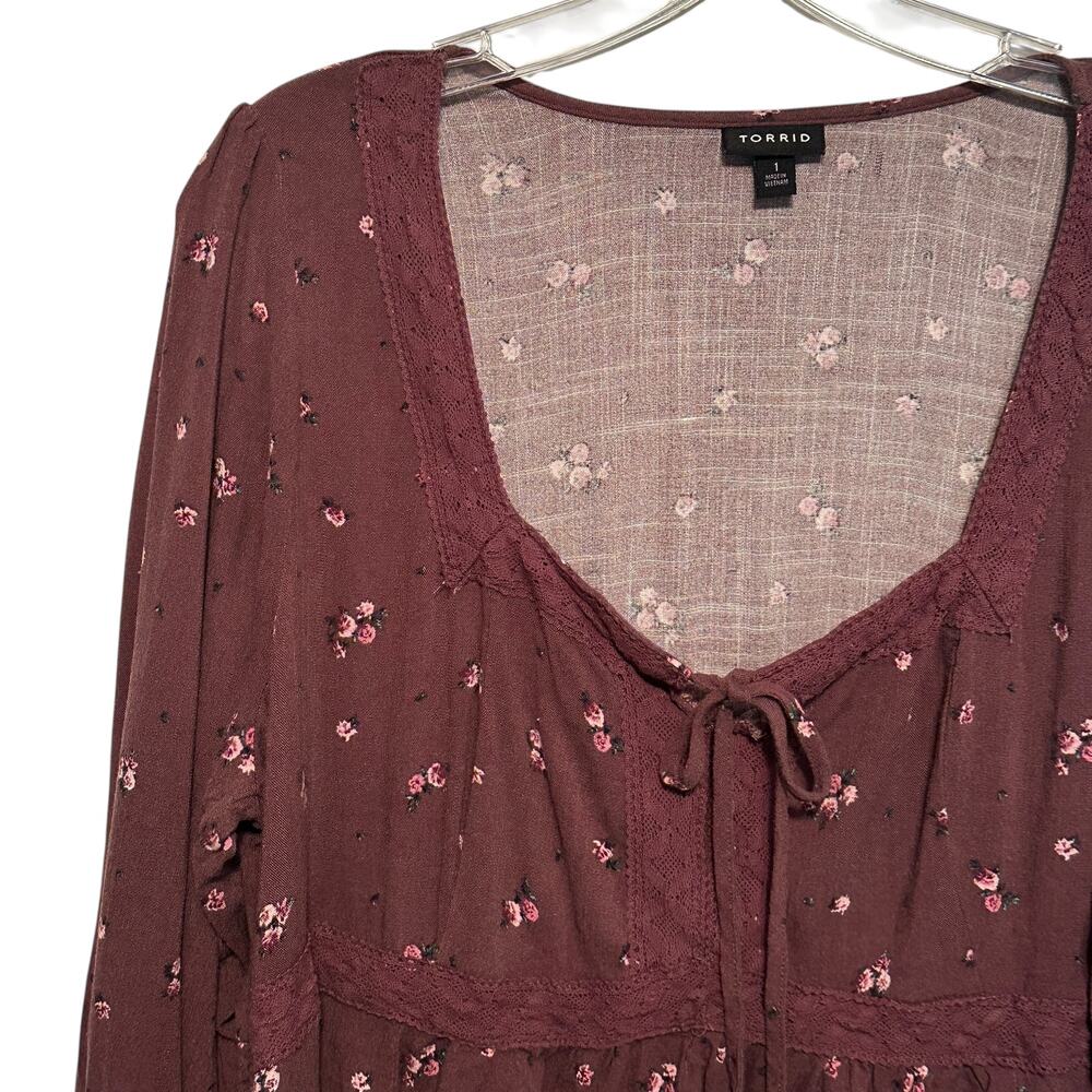 Torrid Babydoll Top Womens Size 1X Sassafras Ditsy Floral Rayon Slub Lace Trim - Picture 3 of 9